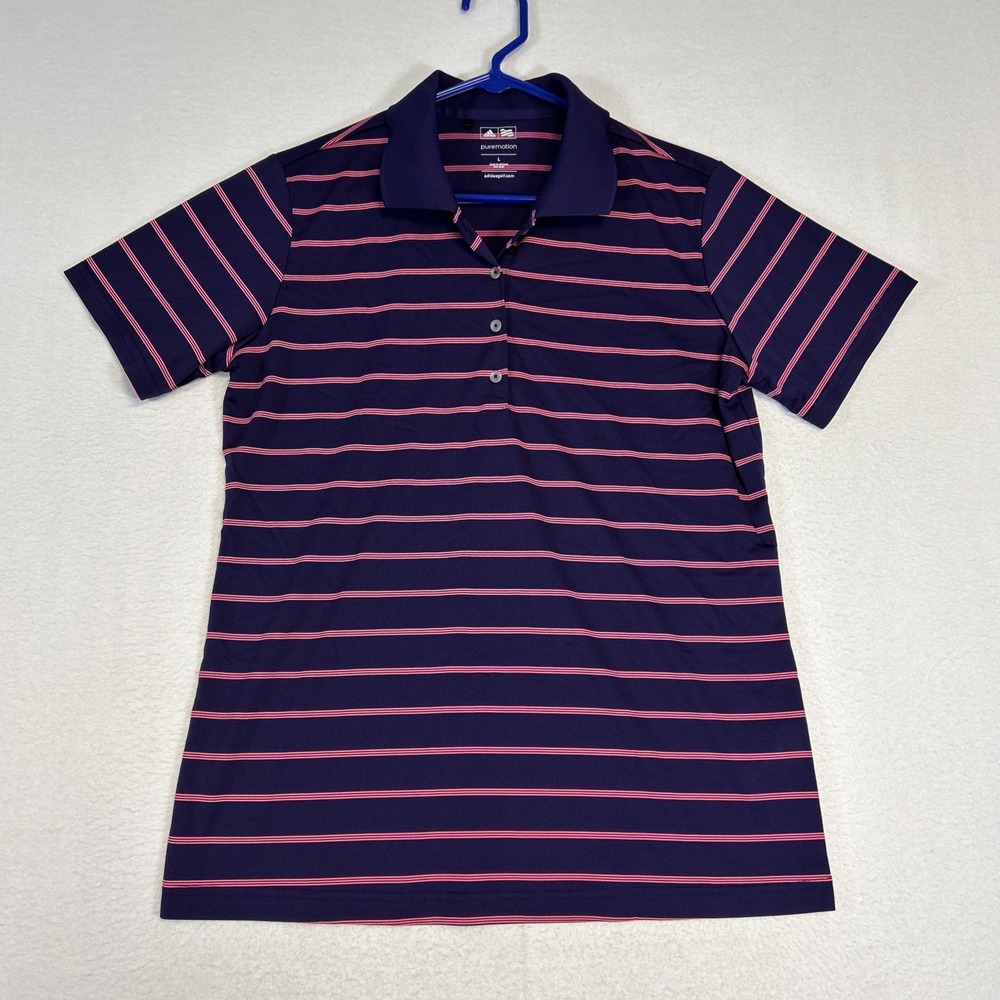 Adidas Golf Polo Shirt Women Large Purple Striped Puremotion Active Short Sleeve